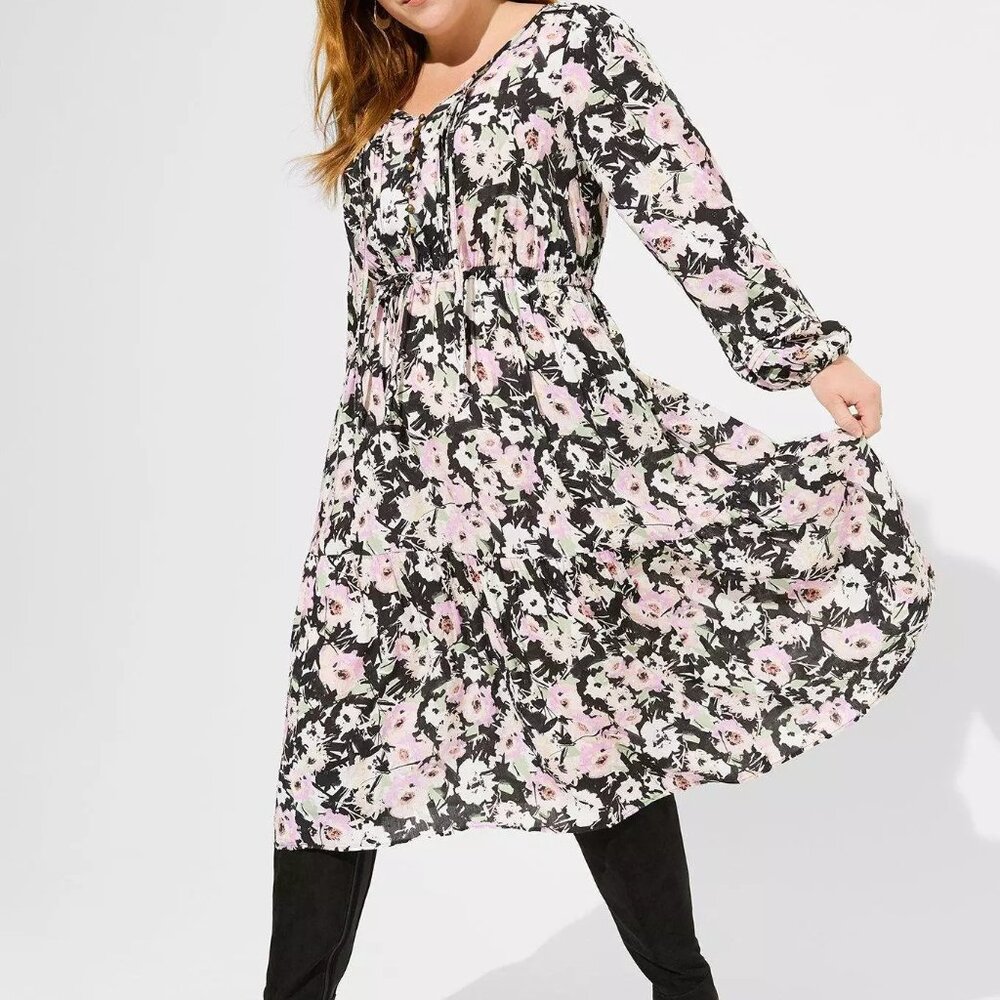 NWT Torrid Midi Swiss Dot Pleat Long Sleeve Dress